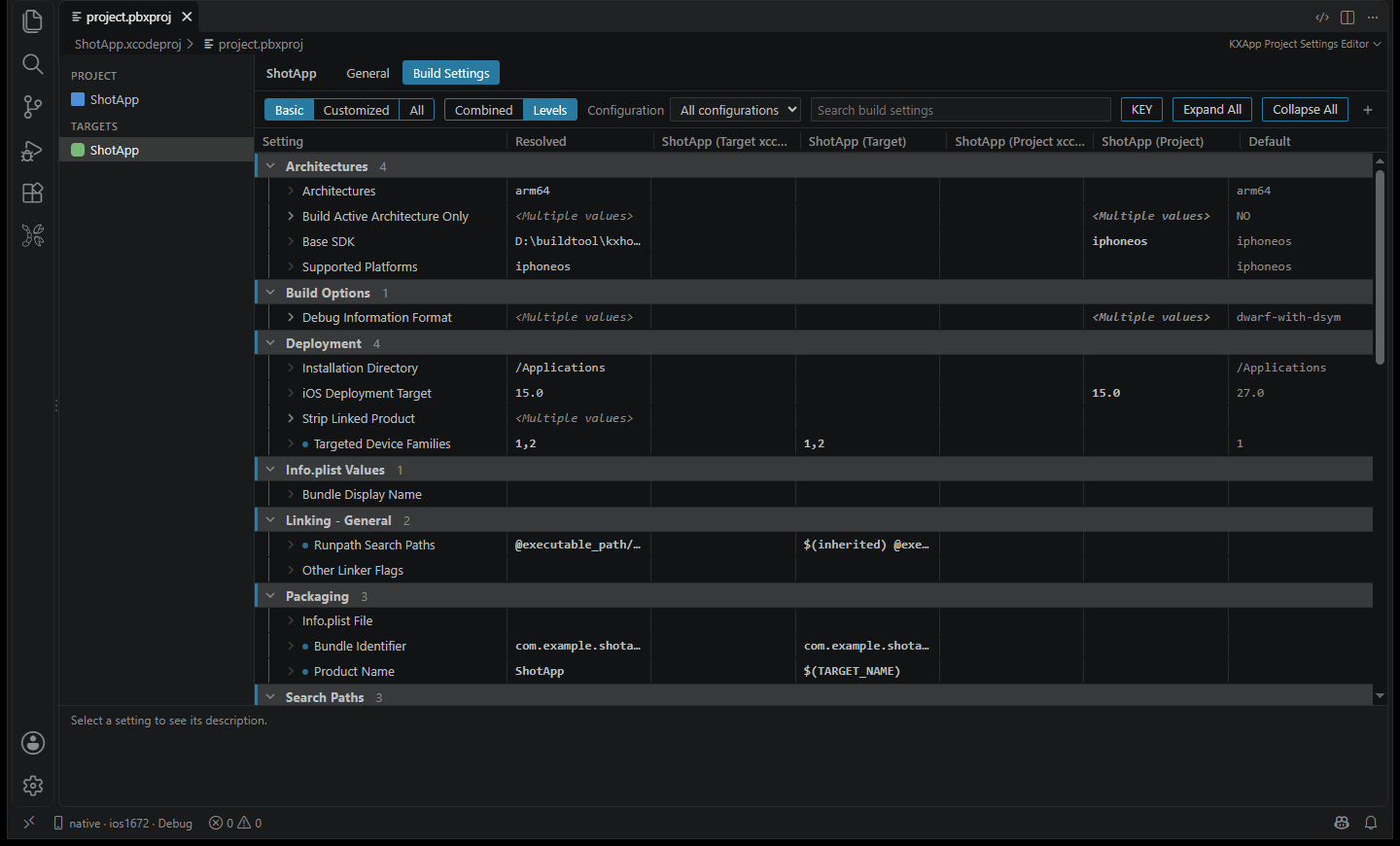The Levels view of the Build Settings page