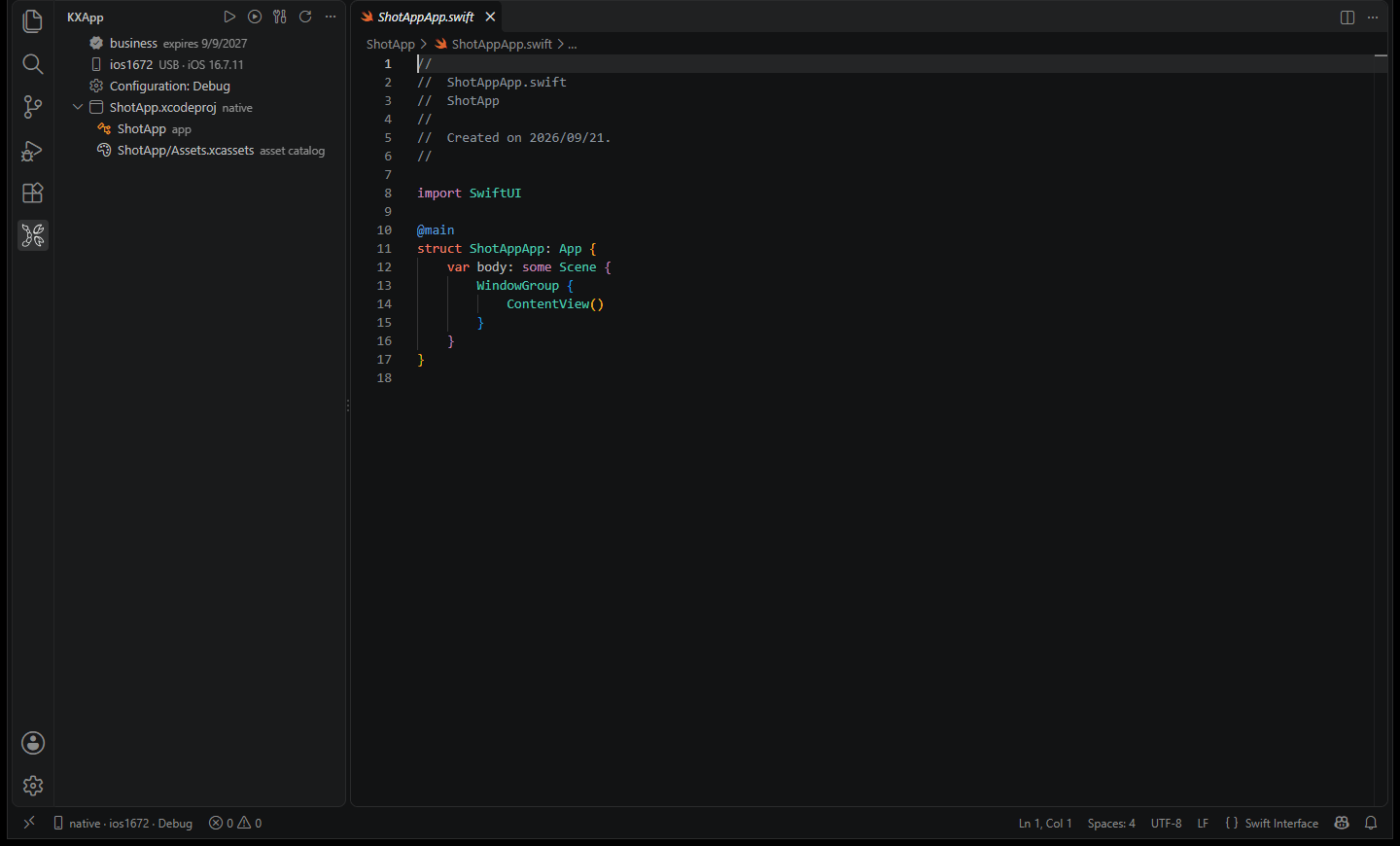 The sidebar showing the iPhone, build configuration and project